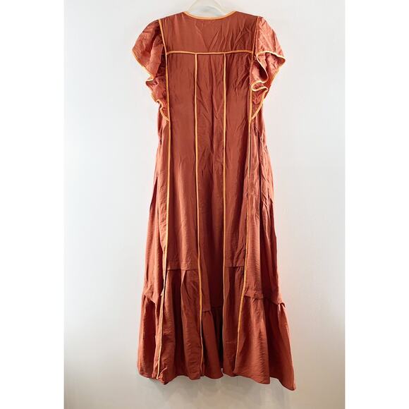 Anthropologie The Mimi Flutter-Sleeve Tipped Maxi Dress Rust Medium Petite - Picture 6 of 6